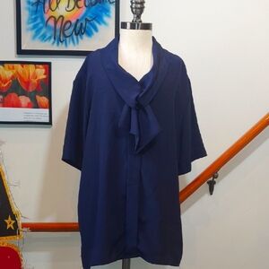 Vintage Navy Blue Blouse with Scarf Collar